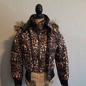 Guess Brown and Black Puffer Jacket with Faux Fur Hood